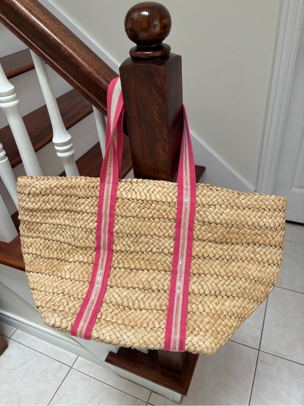 American Eagle Outfitters Natural Straw Tote with Pink Striped Handles